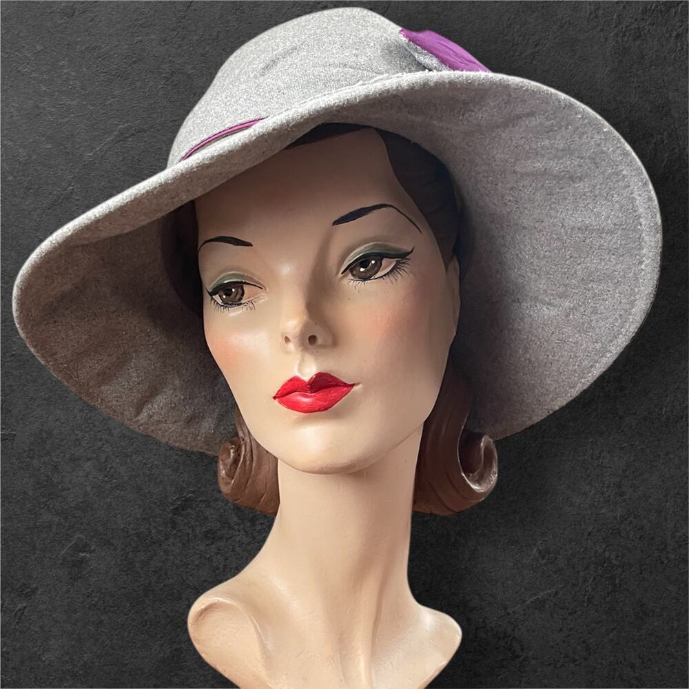 Kate Landry Grey 100% Wool Hat Wide Brim Cloche Purple Satin Ribbon ✨READ✨ - Picture 5 of 13